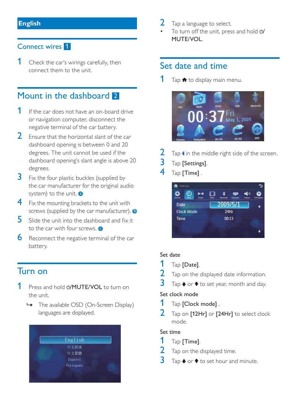 Mount in the dashboard, Turn on 1, Set date and time 1 | Philips CID3687/00 User Manual | Page 5 / 7