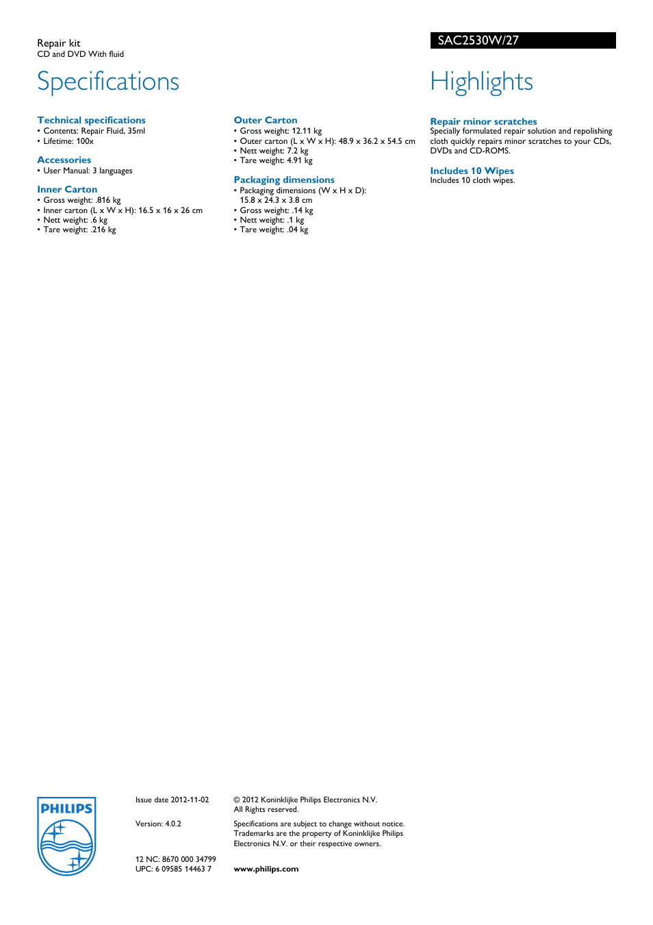 Specifications, Highlights | Philips SAC2530W User Manual | Page 2 / 2