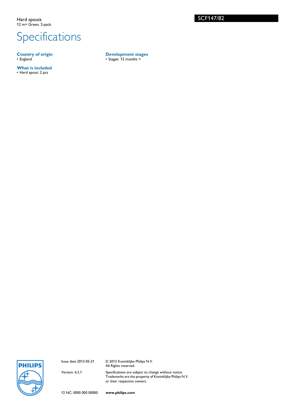Specifications | Philips Avent SCF147 User Manual | Page 2 / 2