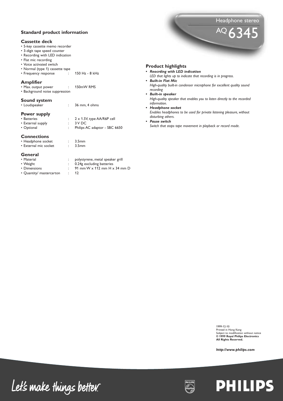 Headphone stereo | Philips AQ6345/01Z User Manual | Page 2 / 2