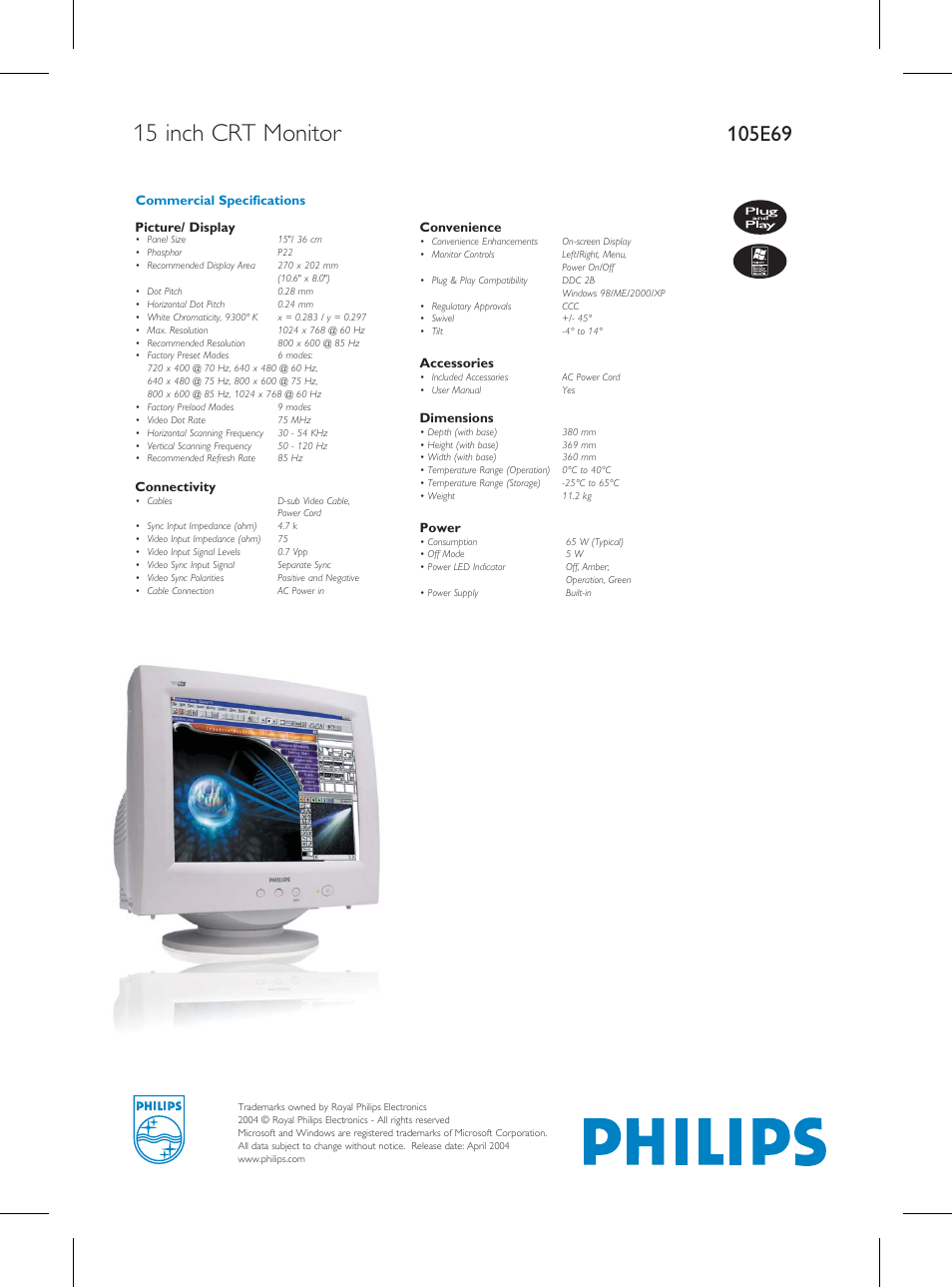 Philips 105E69 User Manual | 1 page