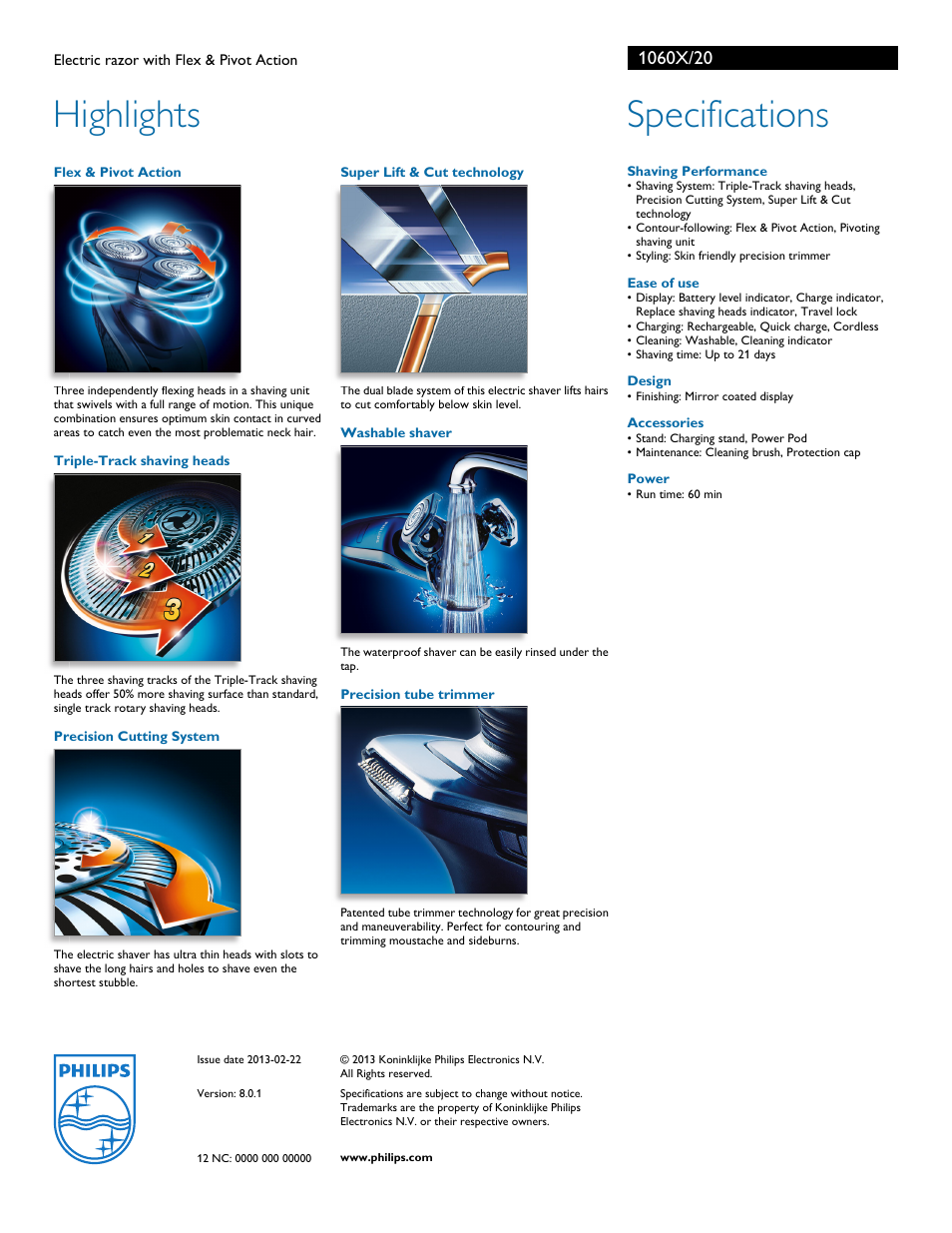 Highlights, Specifications | Philips 1060 User Manual | Page 2 / 2