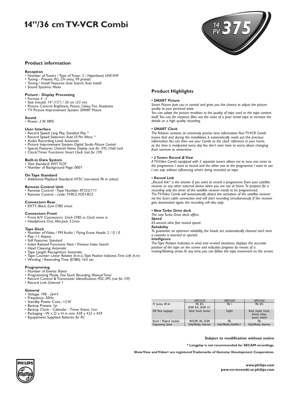 14’’/36 cm tv-vcr combi, 14 pv | Philips PV 37514 User Manual | Page 2 / 2