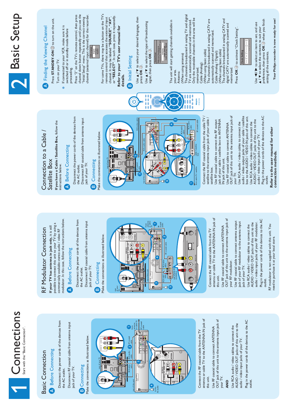 Connections, Basic setup, Basic connection a | Rf modulator connection, Connection to a cable / satellite box, Before connecting, Connecting, Finding the viewing channel, Initial setting | Philips DVDR3545V/F7 User Manual | Page 2 / 2