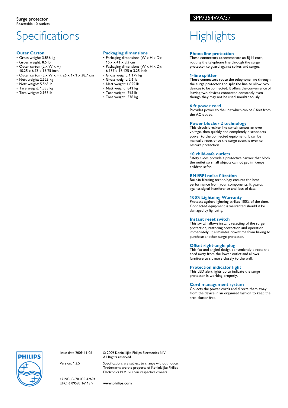 Specifications, Highlights | Philips SPP7354WA/37 User Manual | Page 2 / 2