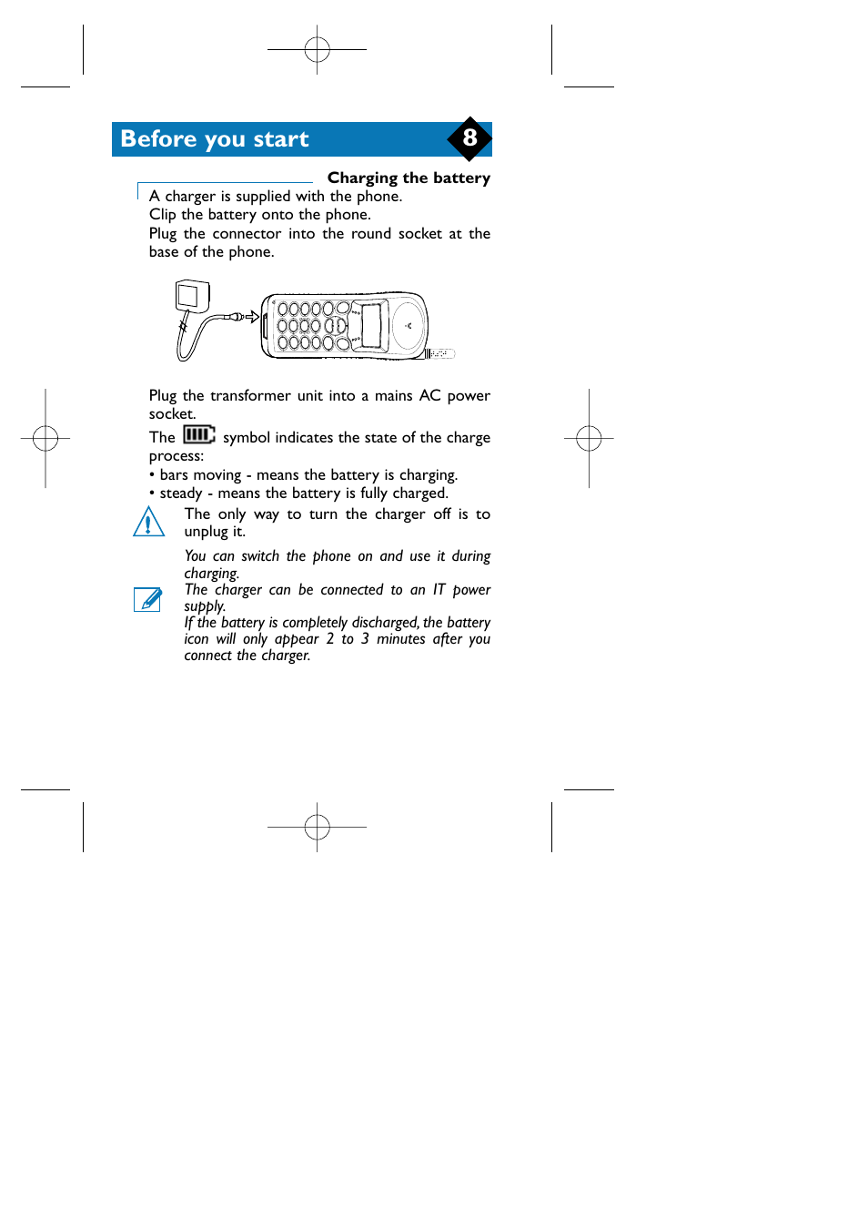 Charging the battery, Before you start | Philips TCD808/A9 User Manual | Page 11 / 40