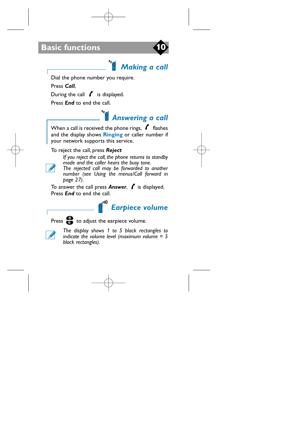 Making a call, Answering a call, Earpiece volume | Basic functions | Philips TCD808/A9 User Manual | Page 13 / 40