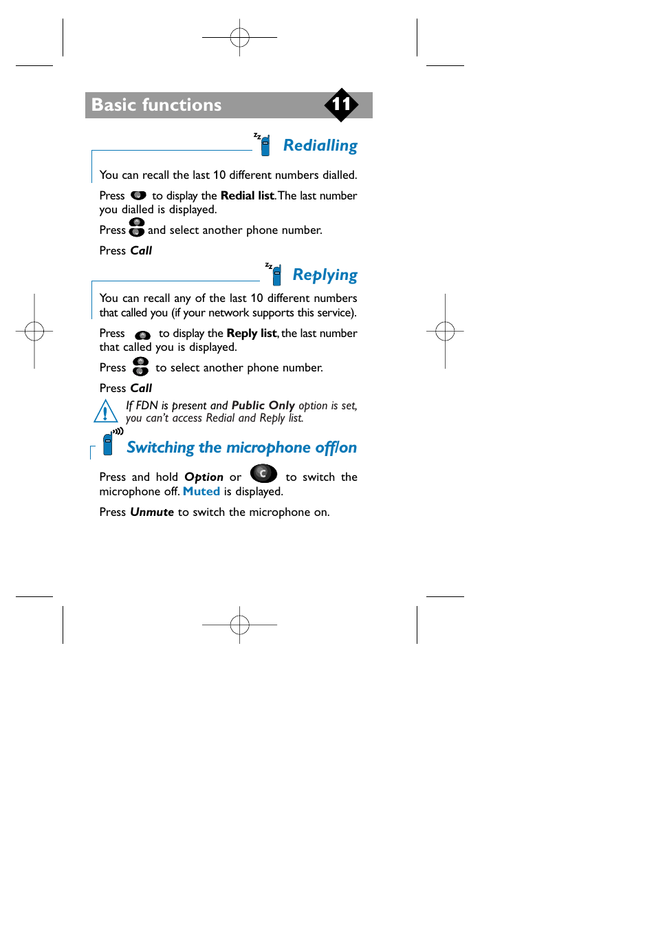 Redialling, Replying, Switching the microphone off/on | Basic functions | Philips TCD808/A9 User Manual | Page 14 / 40