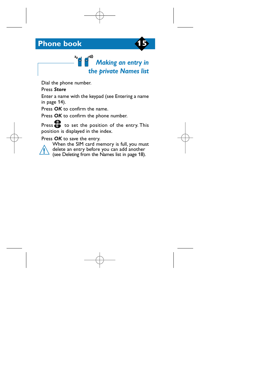Phone book, Making an entry in the private names list | Philips TCD808/A9 User Manual | Page 18 / 40