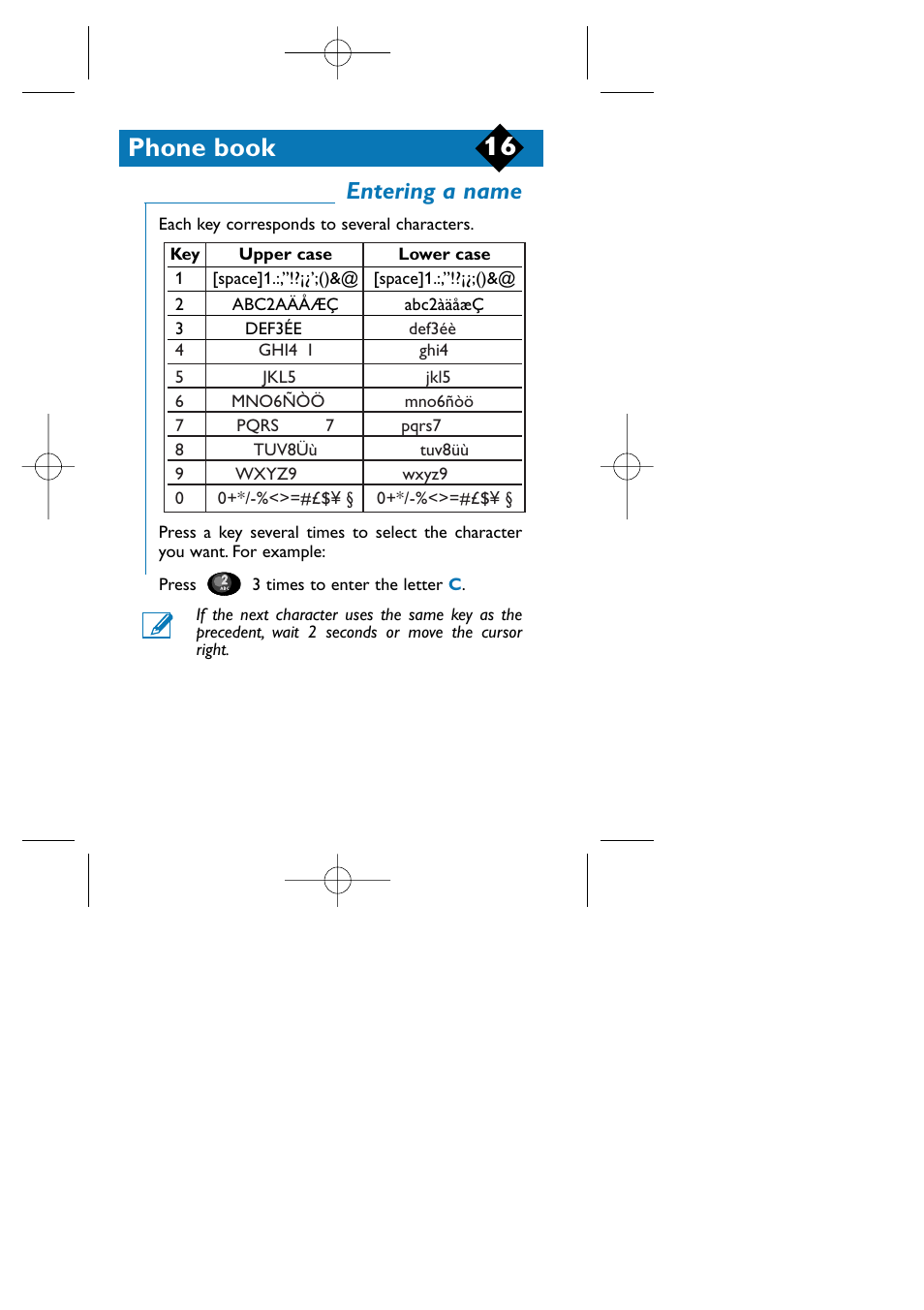 Entering a name, Phone book | Philips TCD808/A9 User Manual | Page 19 / 40
