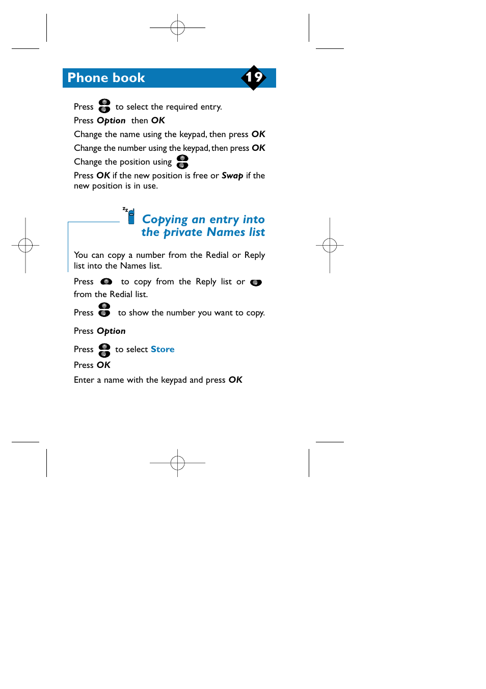Copying an entry into the private names list, Phone book | Philips TCD808/A9 User Manual | Page 22 / 40