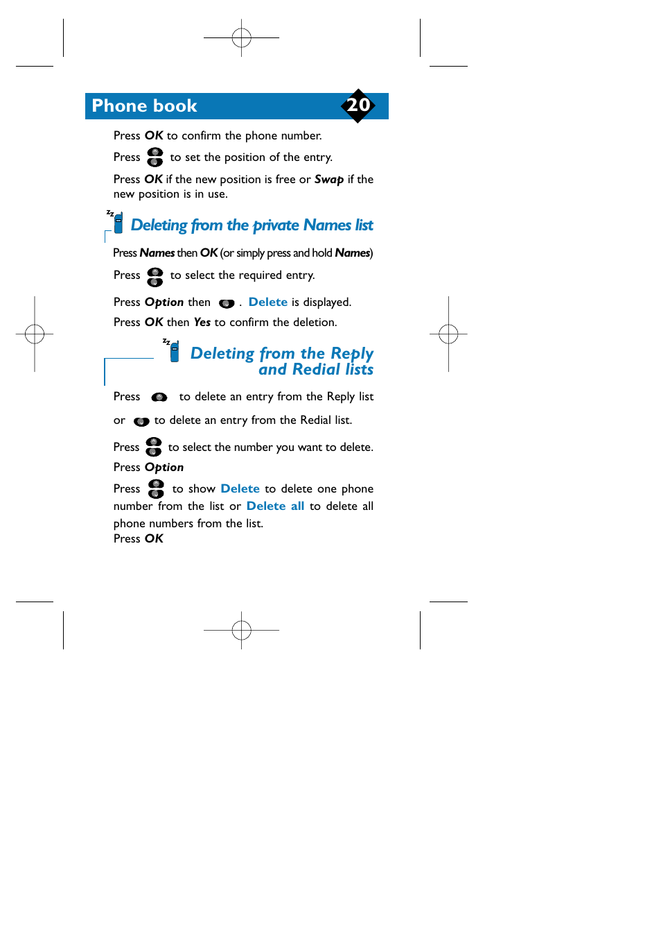 Deleting from the private names list, Deleting from the reply and redial lists, Phone book | Philips TCD808/A9 User Manual | Page 23 / 40