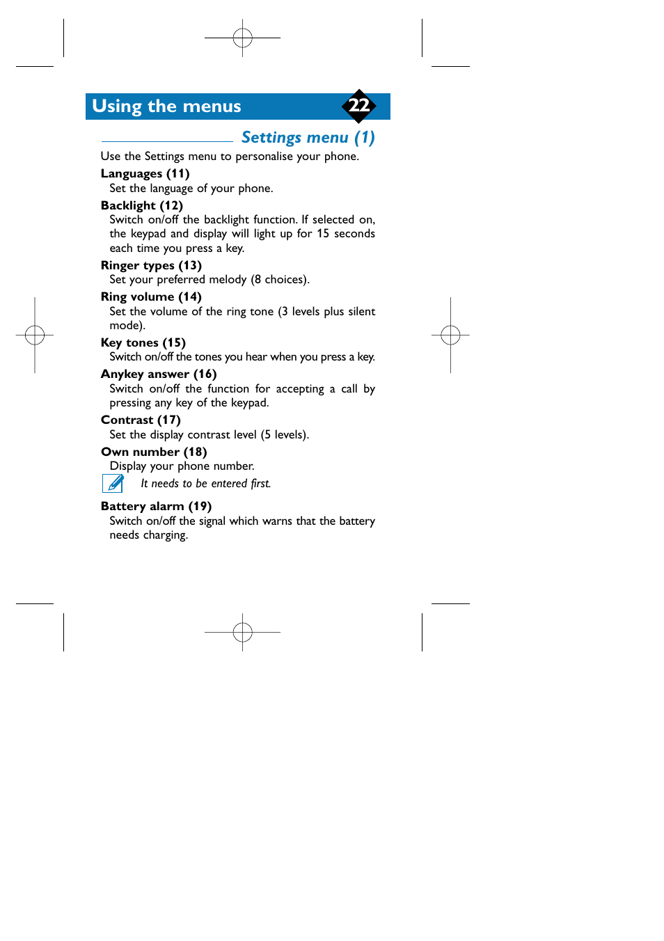 Settings menu (1), Using the menus | Philips TCD808/A9 User Manual | Page 25 / 40