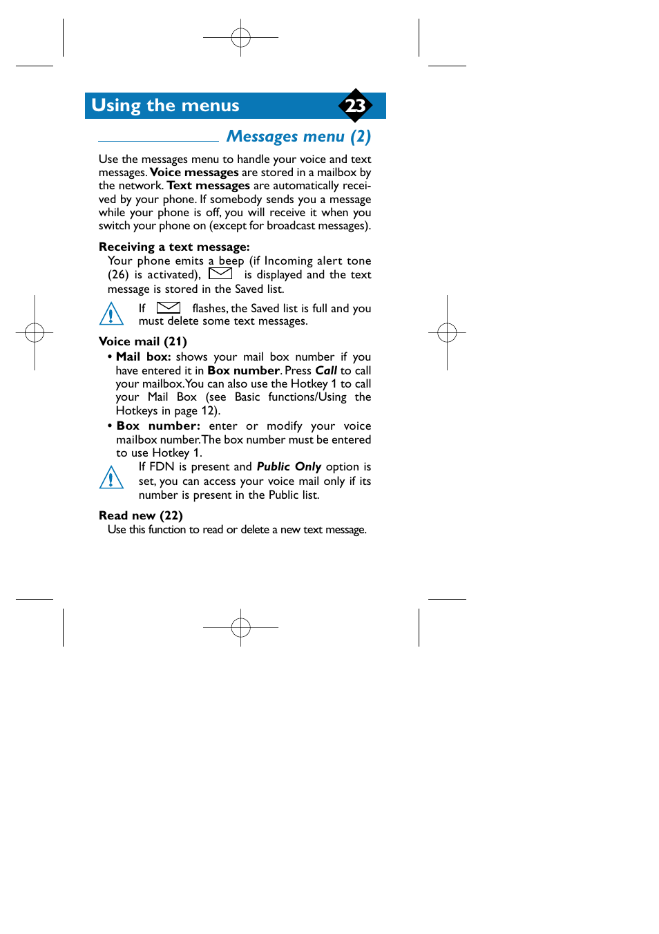 Messages menu (2), Using the menus | Philips TCD808/A9 User Manual | Page 26 / 40