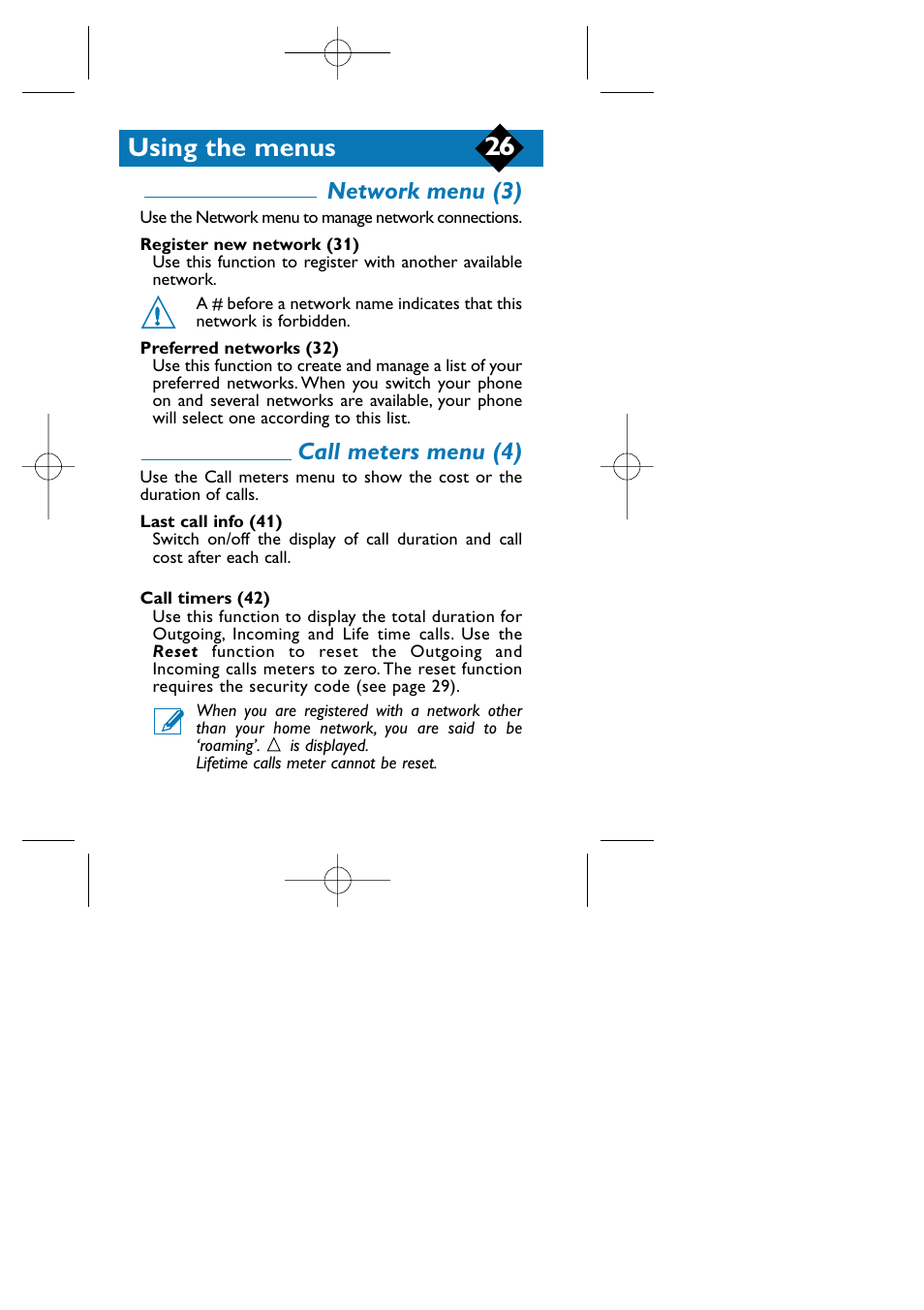 Network menu (3), Call meters menu (4), Using the menus | Philips TCD808/A9 User Manual | Page 29 / 40