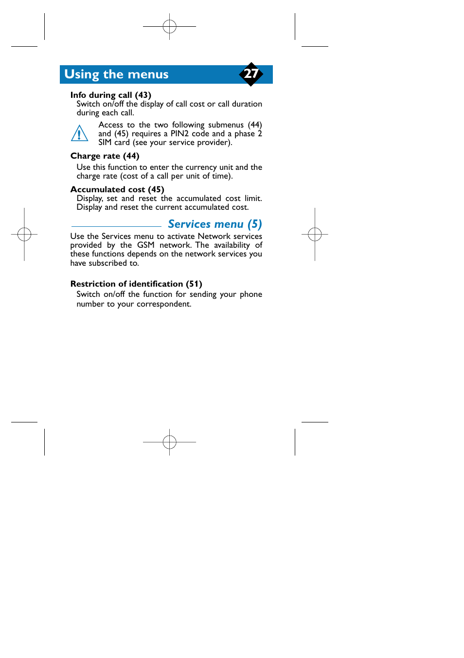 Services menu (5), Using the menus | Philips TCD808/A9 User Manual | Page 30 / 40