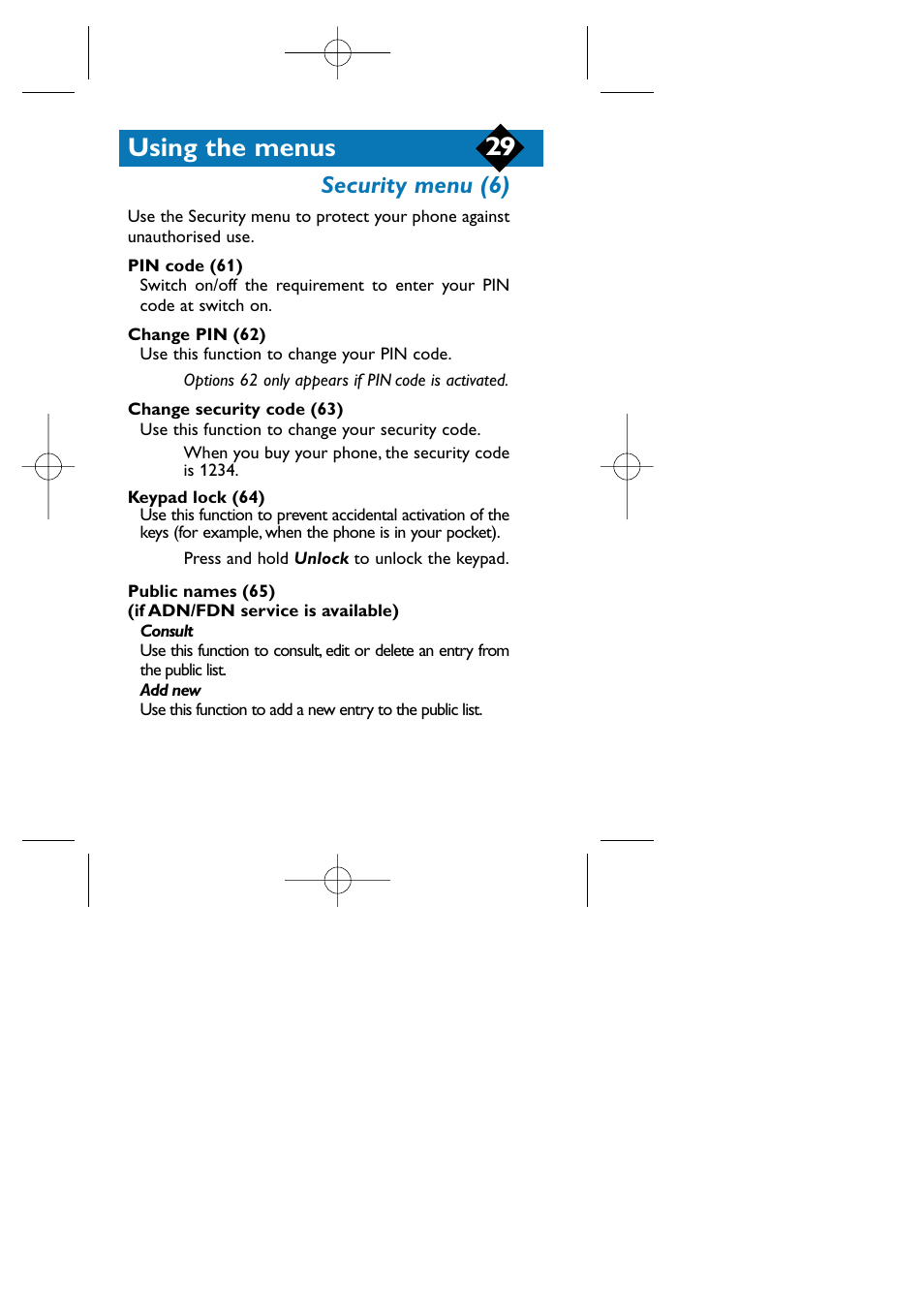 Security menu (6), Using the menus 29 | Philips TCD808/A9 User Manual | Page 32 / 40