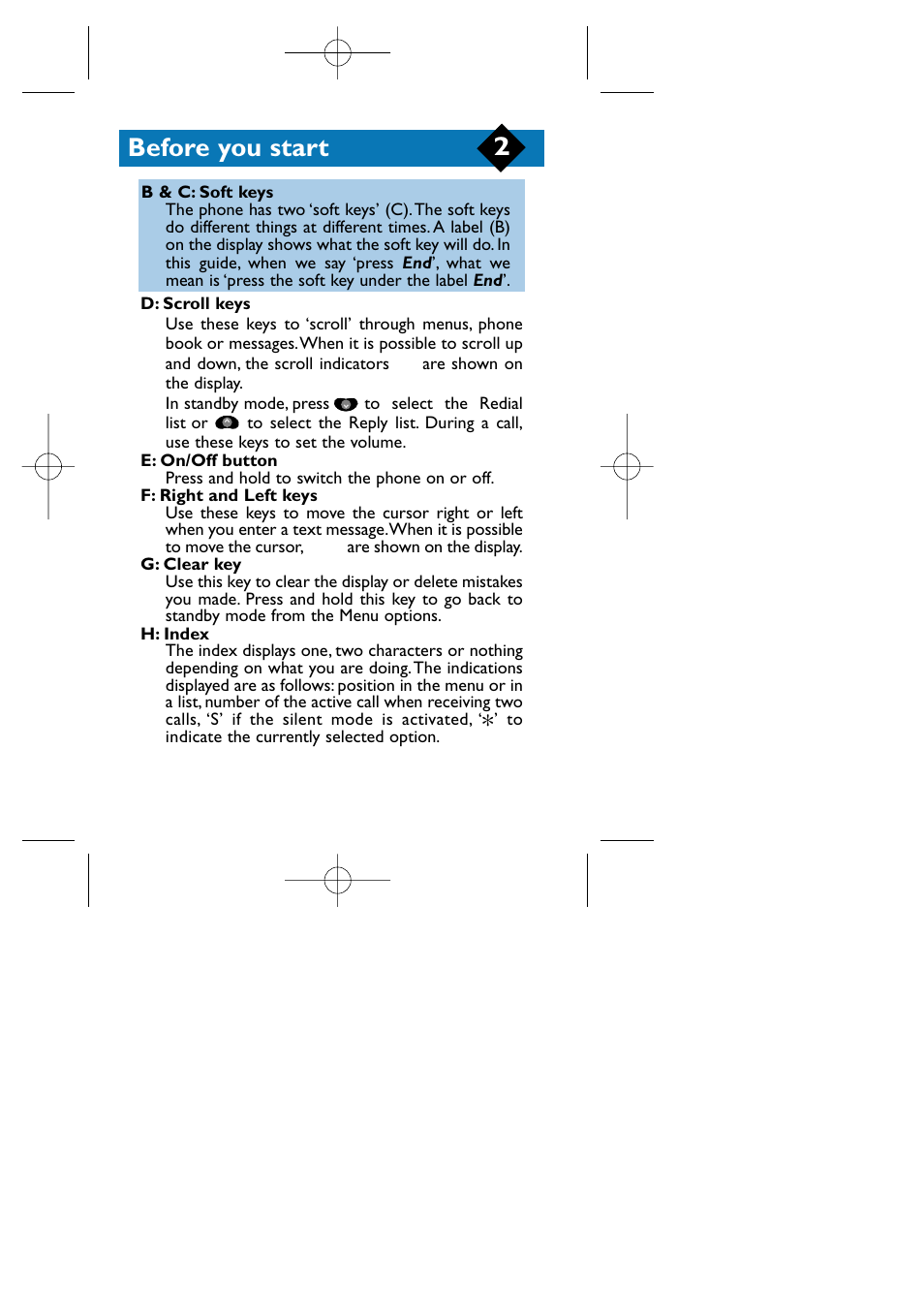 Soft keys, Scroll keys, On/off button | Right and left keys, Clear key, Index, Before you start | Philips TCD808/A9 User Manual | Page 5 / 40