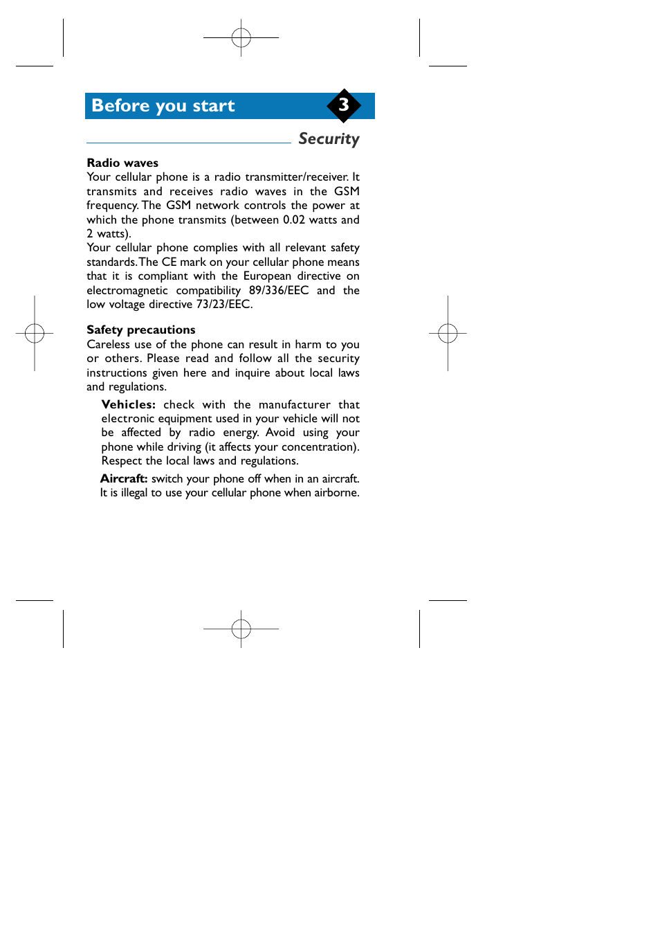 Security, Radio waves, Safety precautions | Vehicles, Aircraft, Before you start 3 | Philips TCD808/A9 User Manual | Page 6 / 40