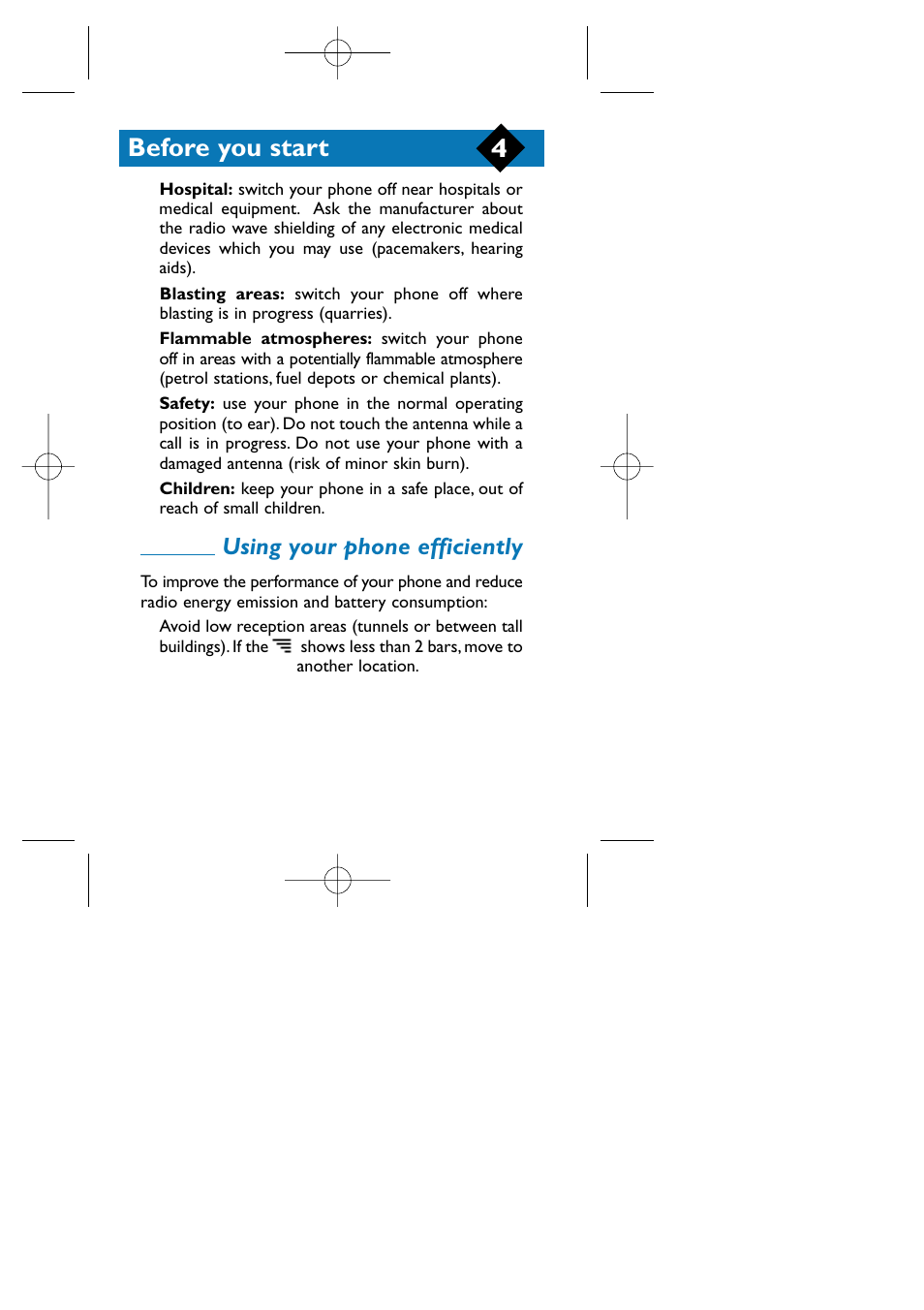Hospital, Blasting areas, Flammable atmospheres | Safety, Children, Using your phone efficiently, Before you start | Philips TCD808/A9 User Manual | Page 7 / 40