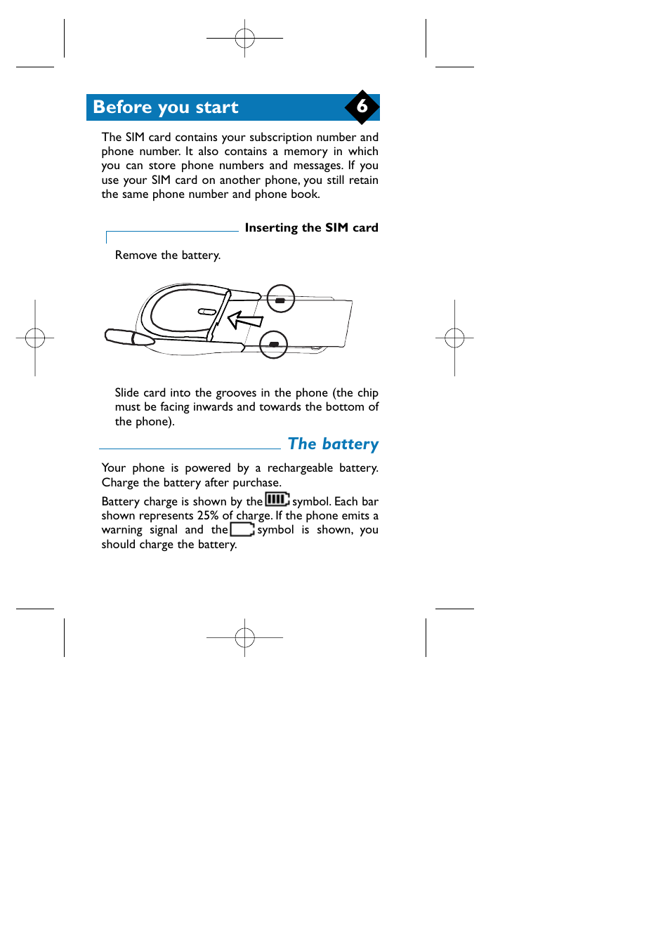 Inserting the sim card, The battery, Before you start | Philips TCD808/A9 User Manual | Page 9 / 40