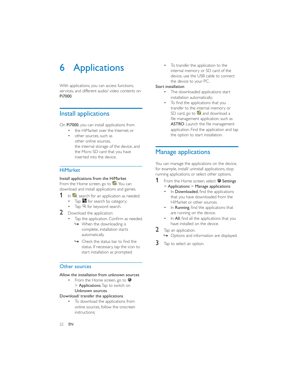 6 applications, Install applications, Manage applications | Philips PI7000/93 User Manual | Page 21 / 46