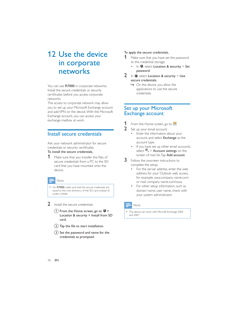 12 use the device in corporate networks, Install secure credentials, Set up your microsoft exchange account 1 | Philips PI7000/93 User Manual | Page 35 / 46