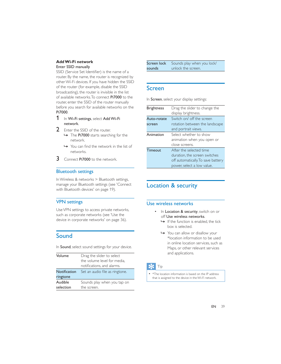 Sound, Screen, Location & security | Philips PI7000/93 User Manual | Page 38 / 46