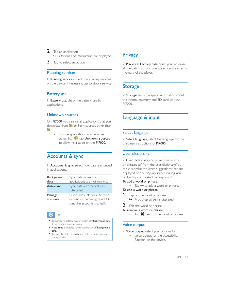 Accounts & sync, Privacy, Storage | Language & input | Philips PI7000/93 User Manual | Page 40 / 46