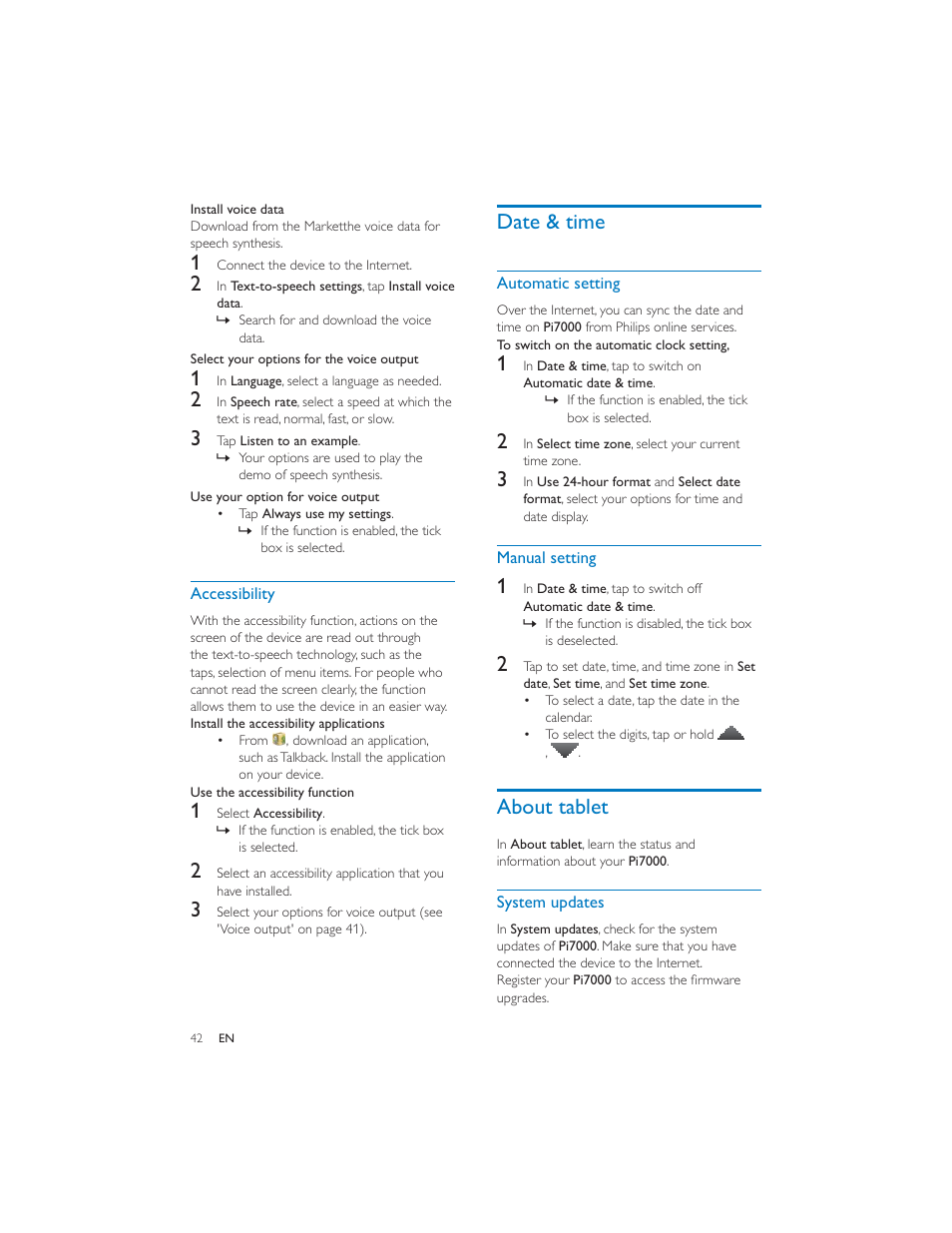 Date & time, About tablet | Philips PI7000/93 User Manual | Page 41 / 46