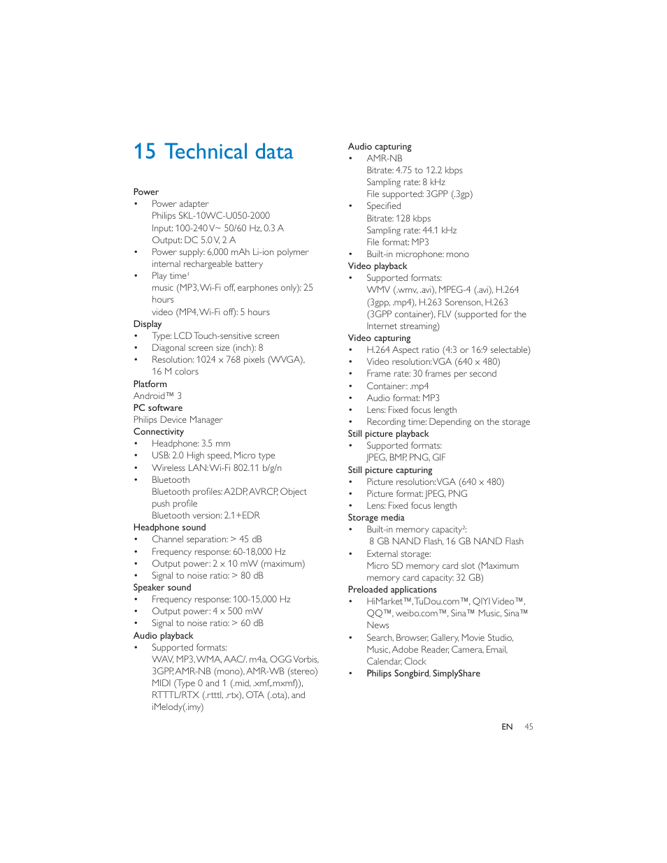 15 technical data | Philips PI7000/93 User Manual | Page 44 / 46