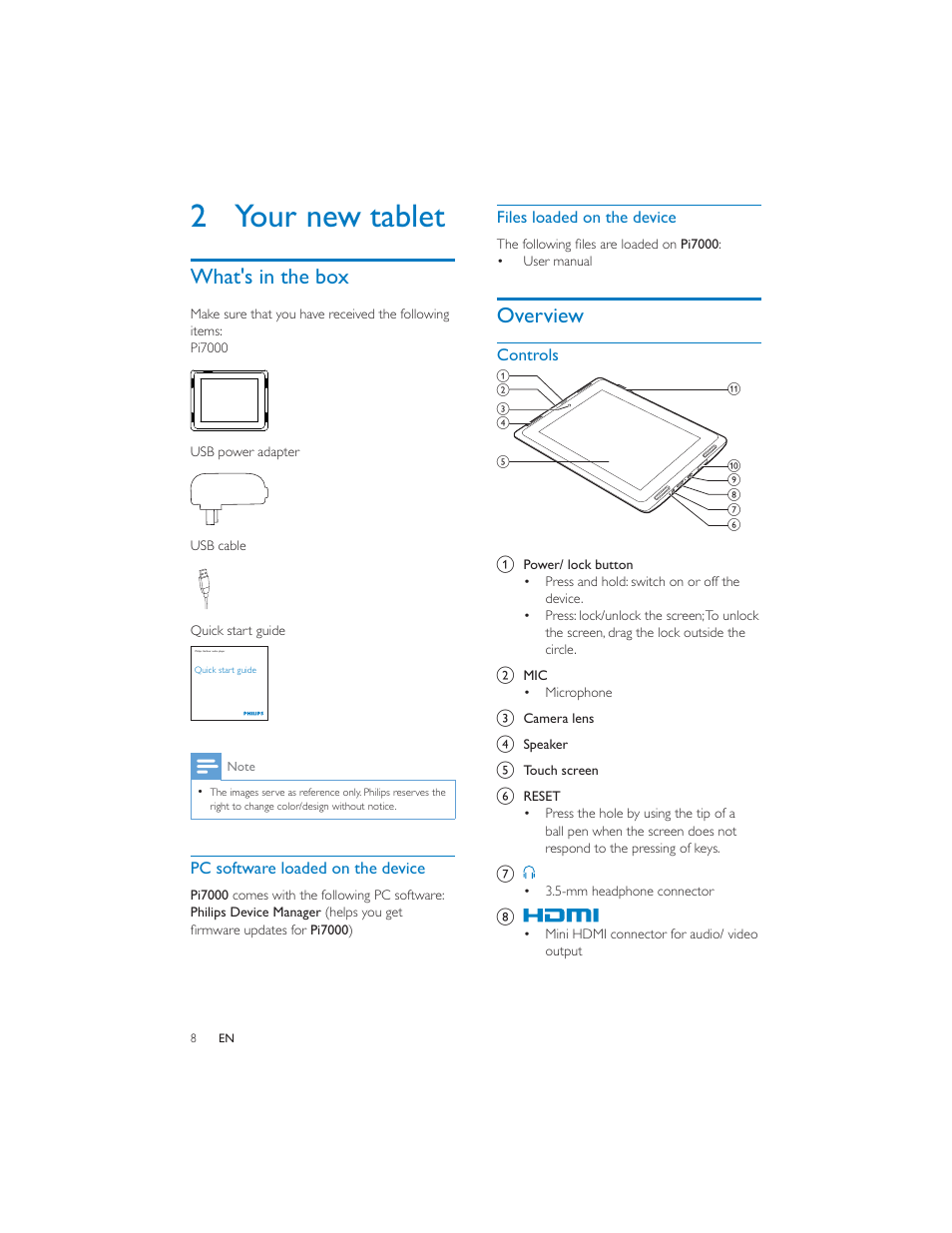 2 your new tablet | Philips PI7000/93 User Manual | Page 7 / 46