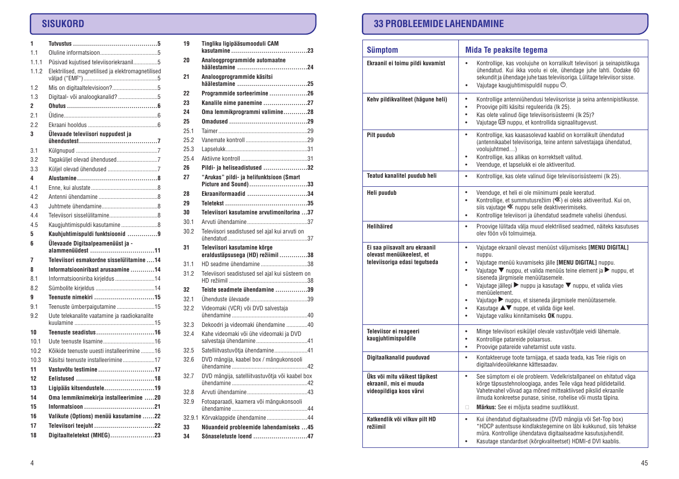 Sisukord, 33 probleemide lahendamine | Philips 20/26/32HF5335D User Manual | Page 12 / 40