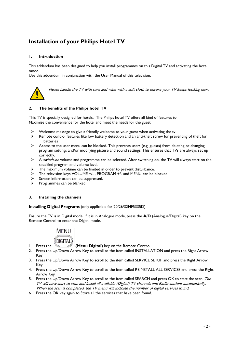 Installation of your philips hotel tv | Philips 20/26/32HF5335D User Manual | Page 2 / 40