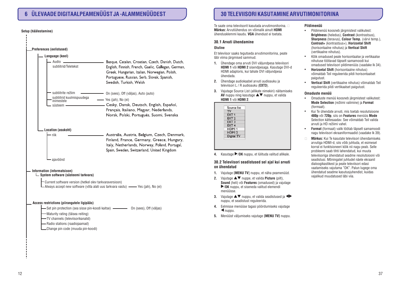 6 ülevaade digitaalpeamenüüst ja -alammenüüdest, 30 televiisori kasutamine arvutimonitorina | Philips 20/26/32HF5335D User Manual | Page 20 / 40