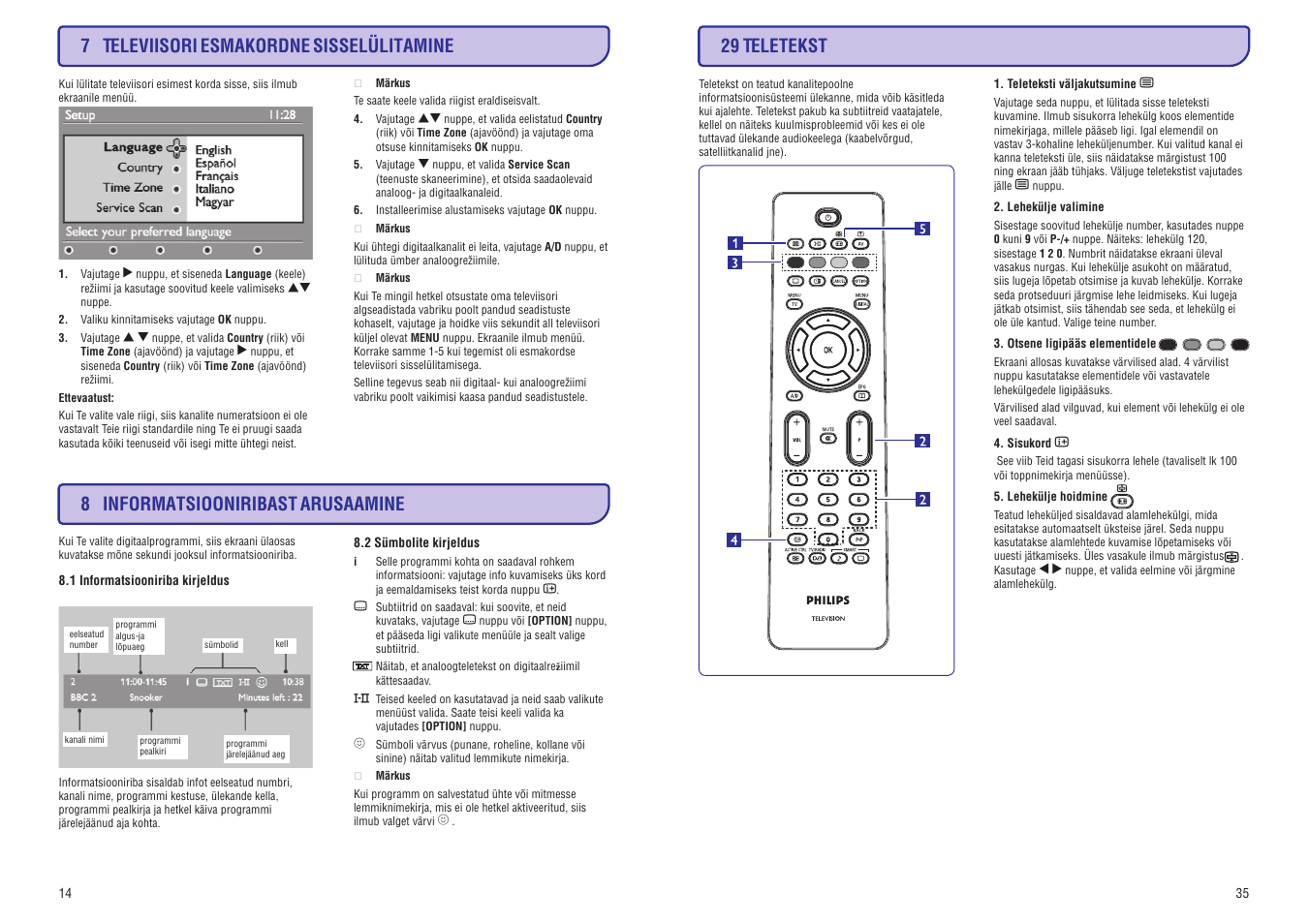 7 televiisori esmakordne sisselülitamine, 8 informatsiooniribast arusaamine, 29 teletekst | Philips 20/26/32HF5335D User Manual | Page 22 / 40