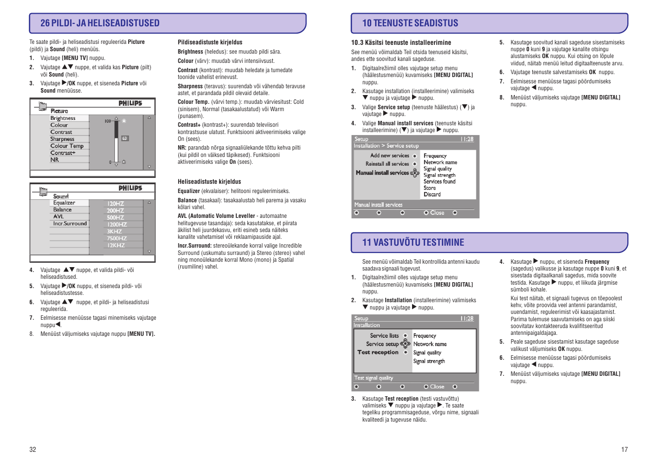 26 pildi- ja heliseadistused, 10 teenuste seadistus 11 vastuvõtu testimine | Philips 20/26/32HF5335D User Manual | Page 25 / 40