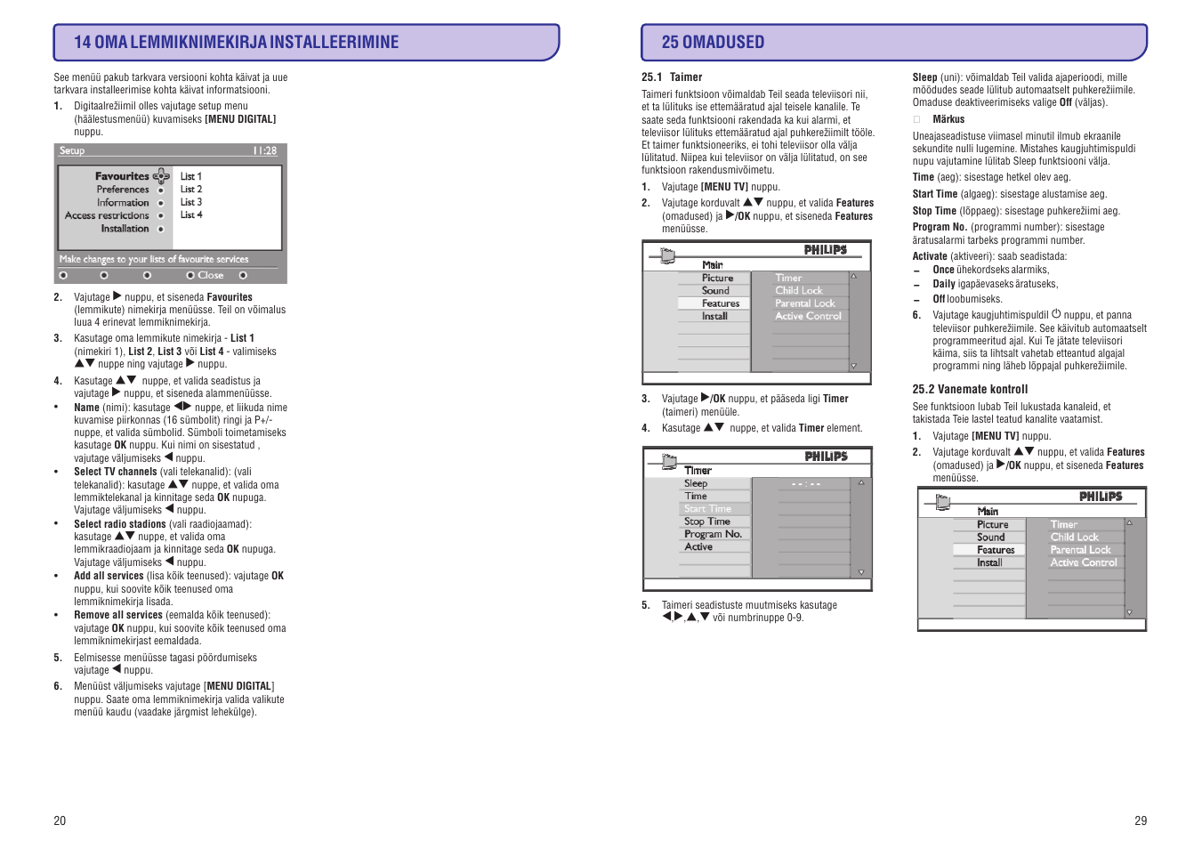 14 oma lemmiknimekirja installeerimine, 25 omadused | Philips 20/26/32HF5335D User Manual | Page 28 / 40
