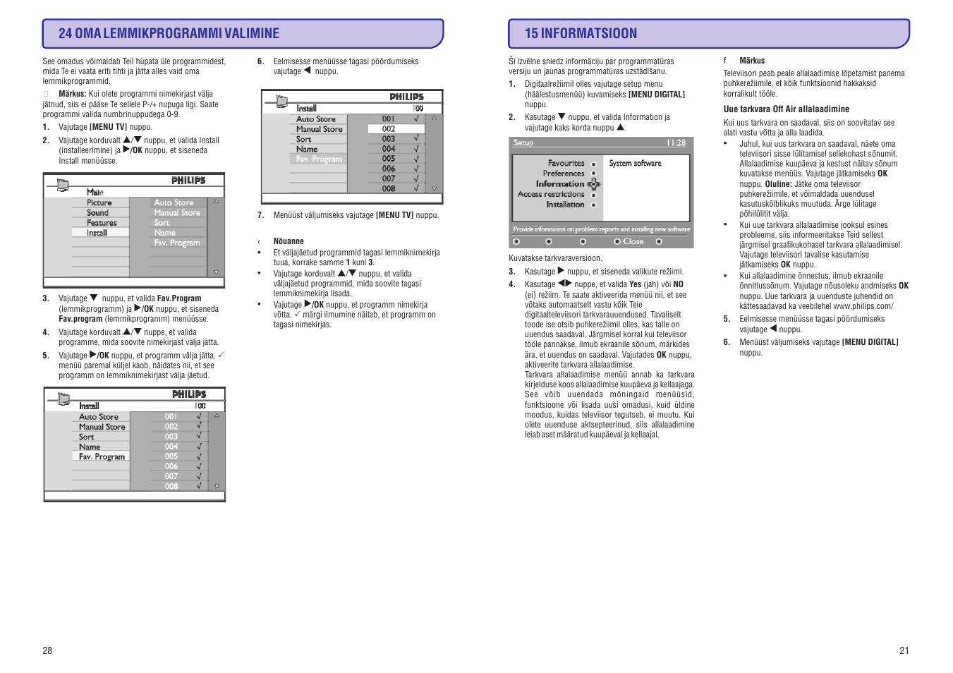 24 oma lemmikprogrammi valimine, 15 informatsioon | Philips 20/26/32HF5335D User Manual | Page 29 / 40