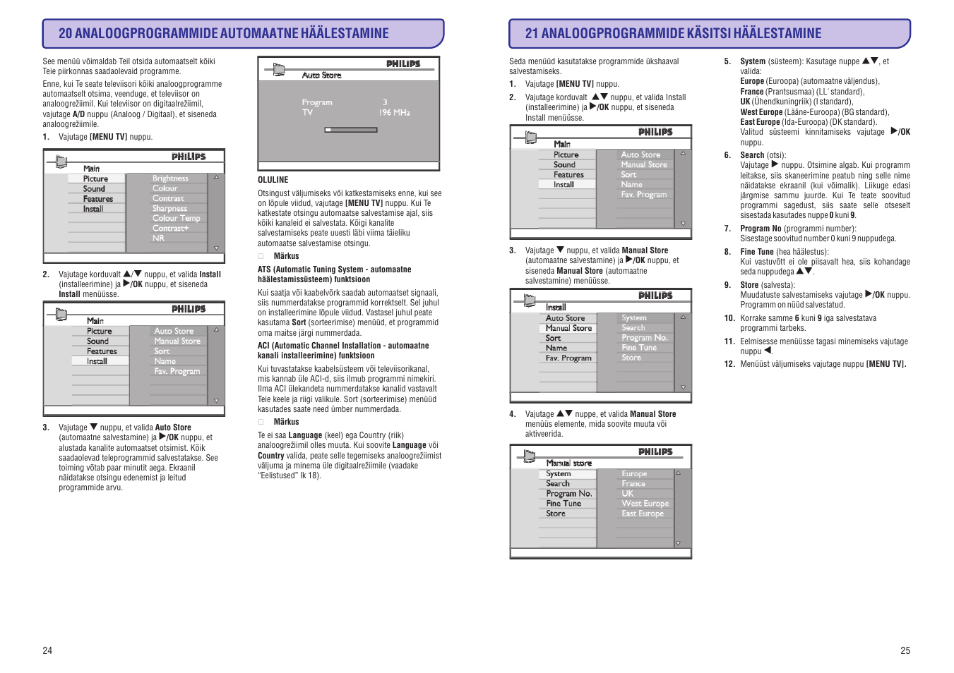 20 analoogprogrammide automaatne häälestamine, 21 analoogprogrammide käsitsi häälestamine | Philips 20/26/32HF5335D User Manual | Page 32 / 40