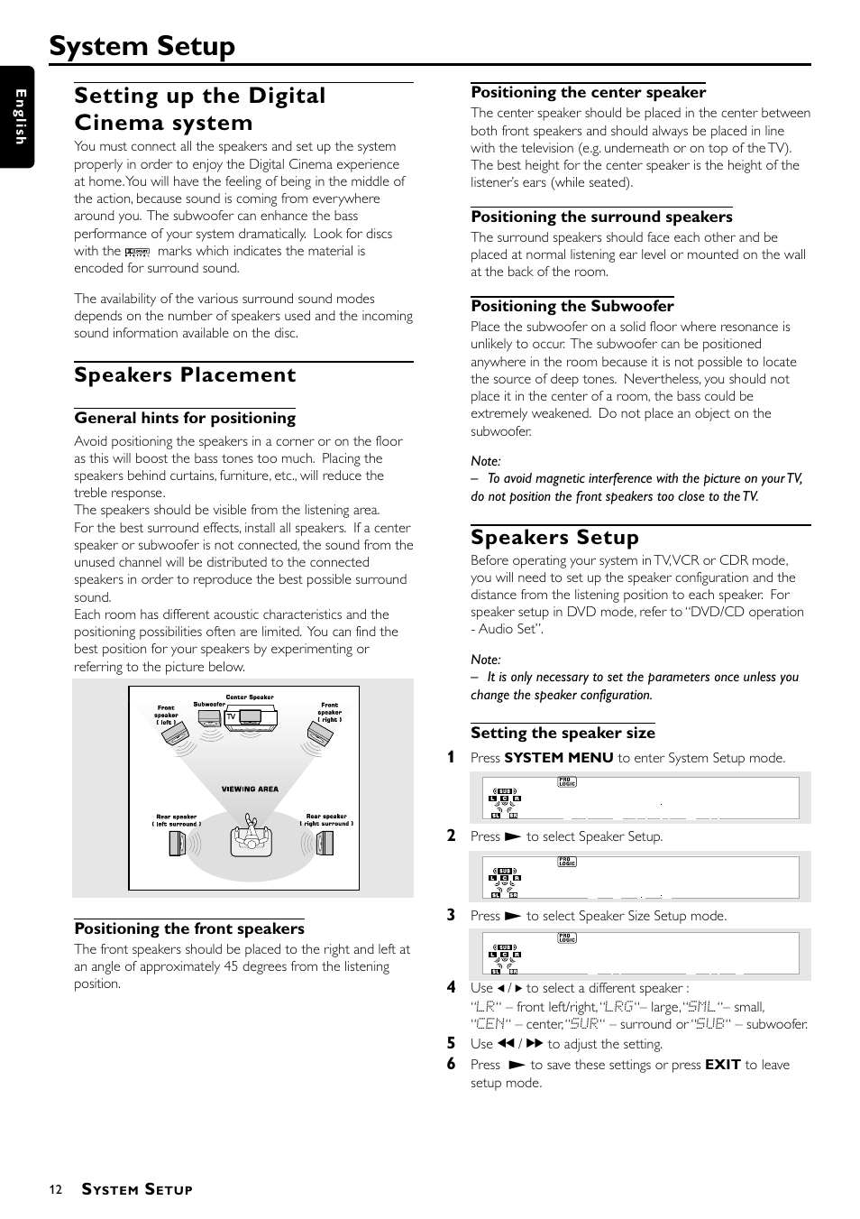 System setup, Setting up the digital cinema system, Speakers placement | Speakers setup | Philips 1055D User Manual | Page 12 / 29