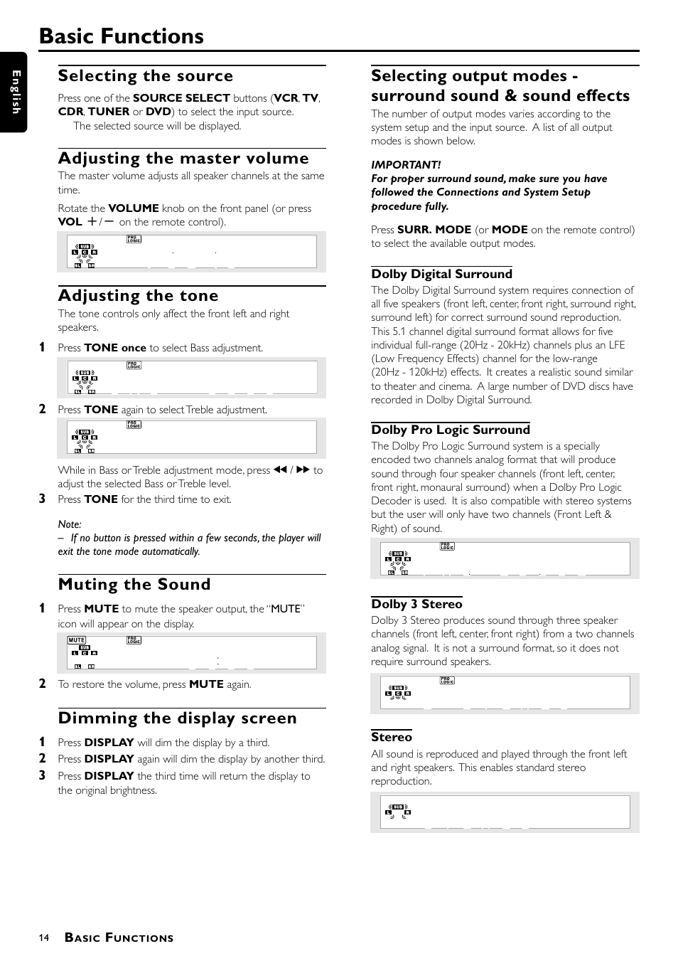 Basic functions, Selecting the source, Adjusting the master volume | Adjusting the tone, Muting the sound, Dimming the display screen | Philips 1055D User Manual | Page 14 / 29