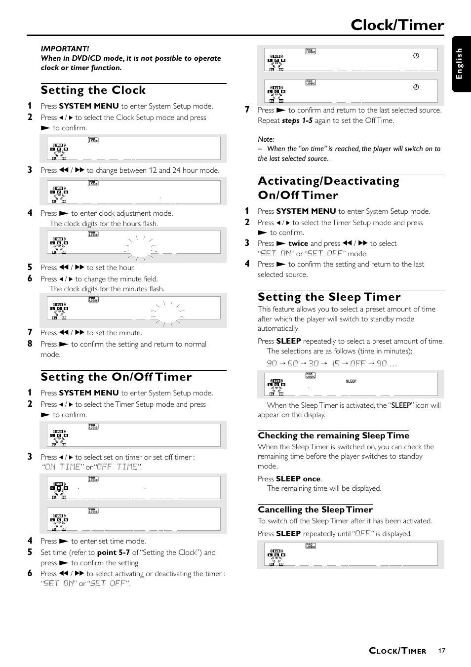 Clock/timer, Setting the clock, Setting the on/off timer | Activating/deactivating on/off timer, Setting the sleep timer | Philips 1055D User Manual | Page 17 / 29