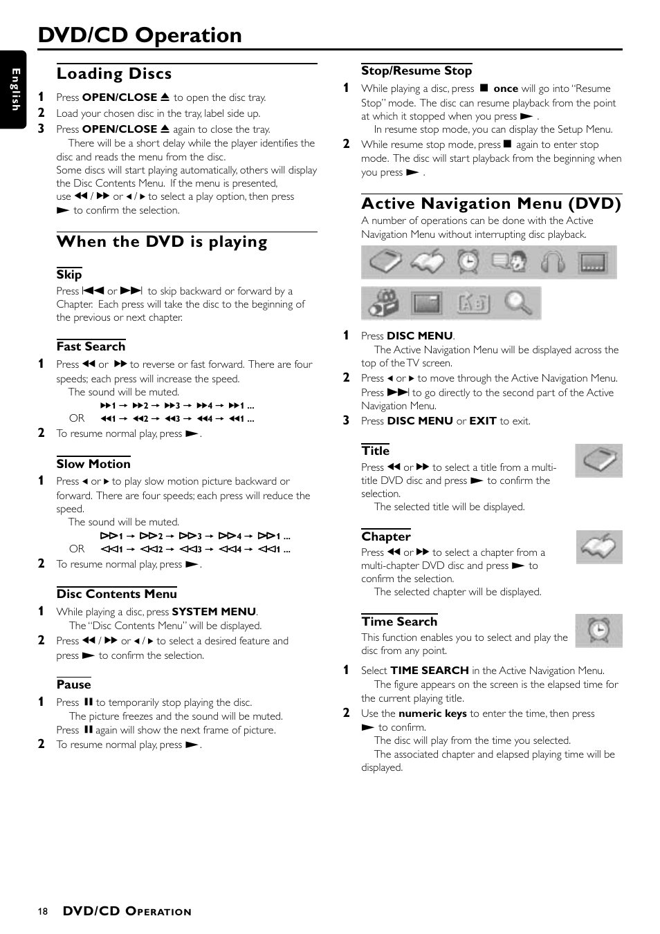 Dvd/cd operation, Loading discs, When the dvd is playing | Active navigation menu (dvd) | Philips 1055D User Manual | Page 18 / 29