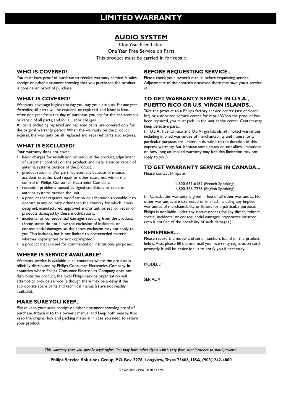 Limited warranty, Audio system | Philips 1055D User Manual | Page 29 / 29