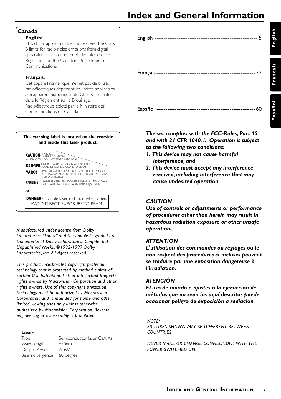 Index and general information | Philips 1055D User Manual | Page 3 / 29