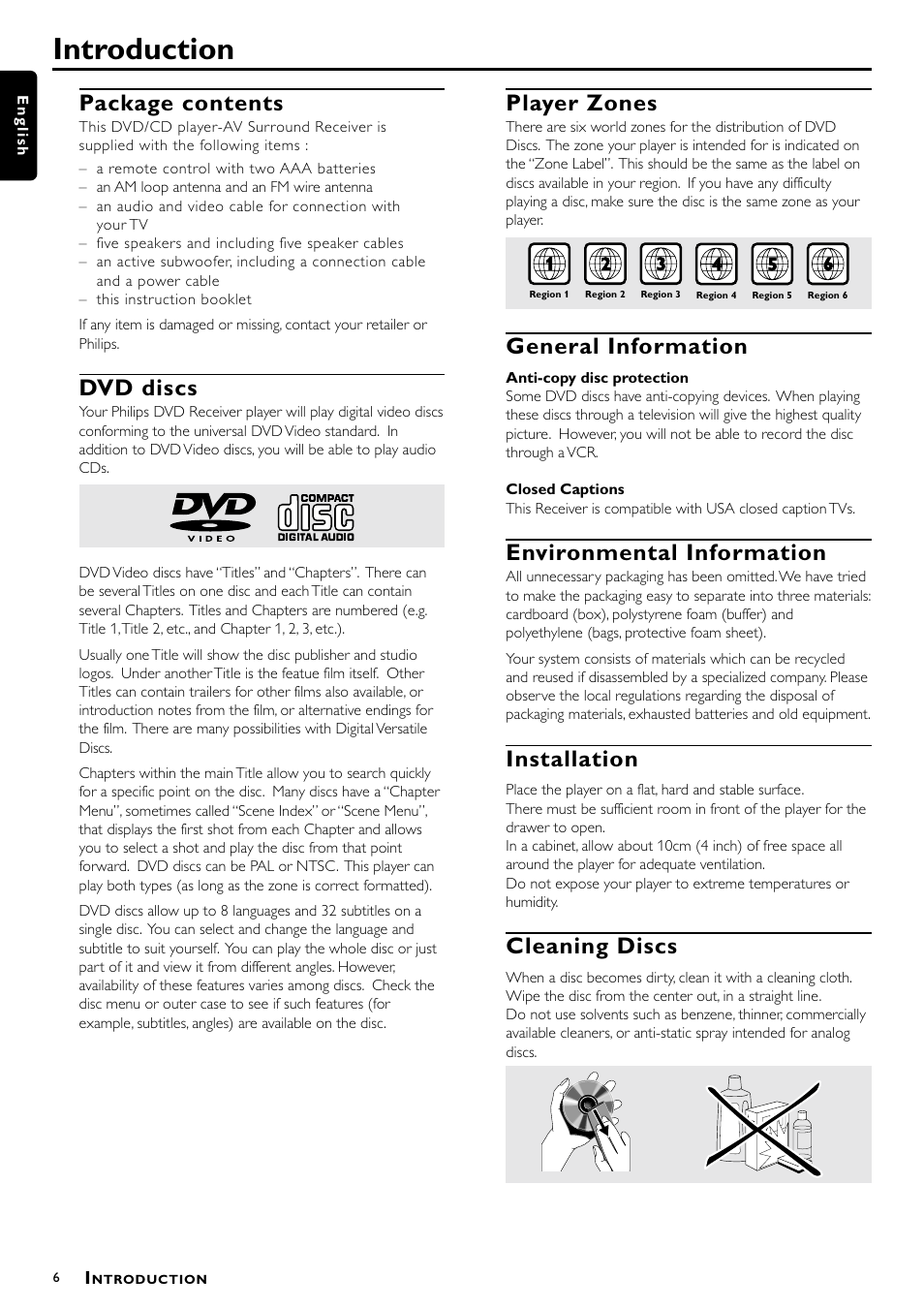 Introduction, Package contents, Dvd discs | Player zones, General information, Environmental information, Installation, Cleaning discs | Philips 1055D User Manual | Page 6 / 29