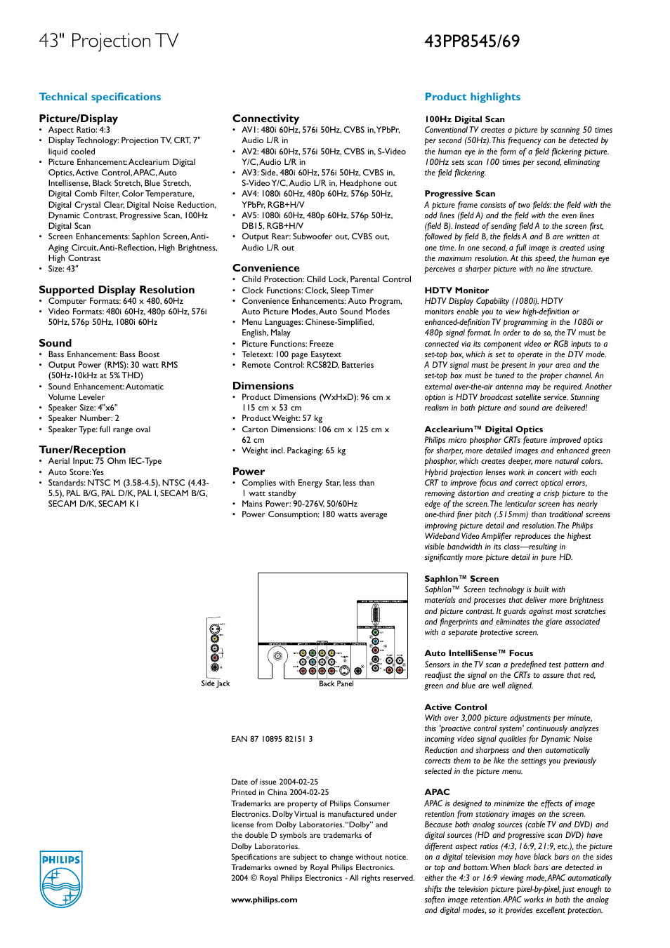 43" projection tv | Philips 43PP8545/69 User Manual | Page 2 / 2