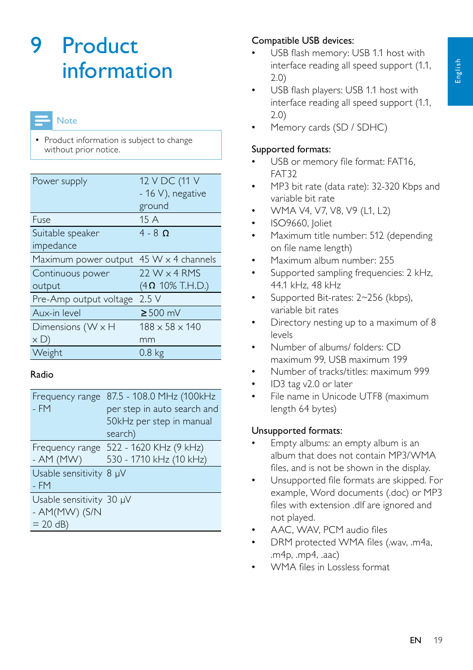 9 product information | Philips CE130 User Manual | Page 18 / 21