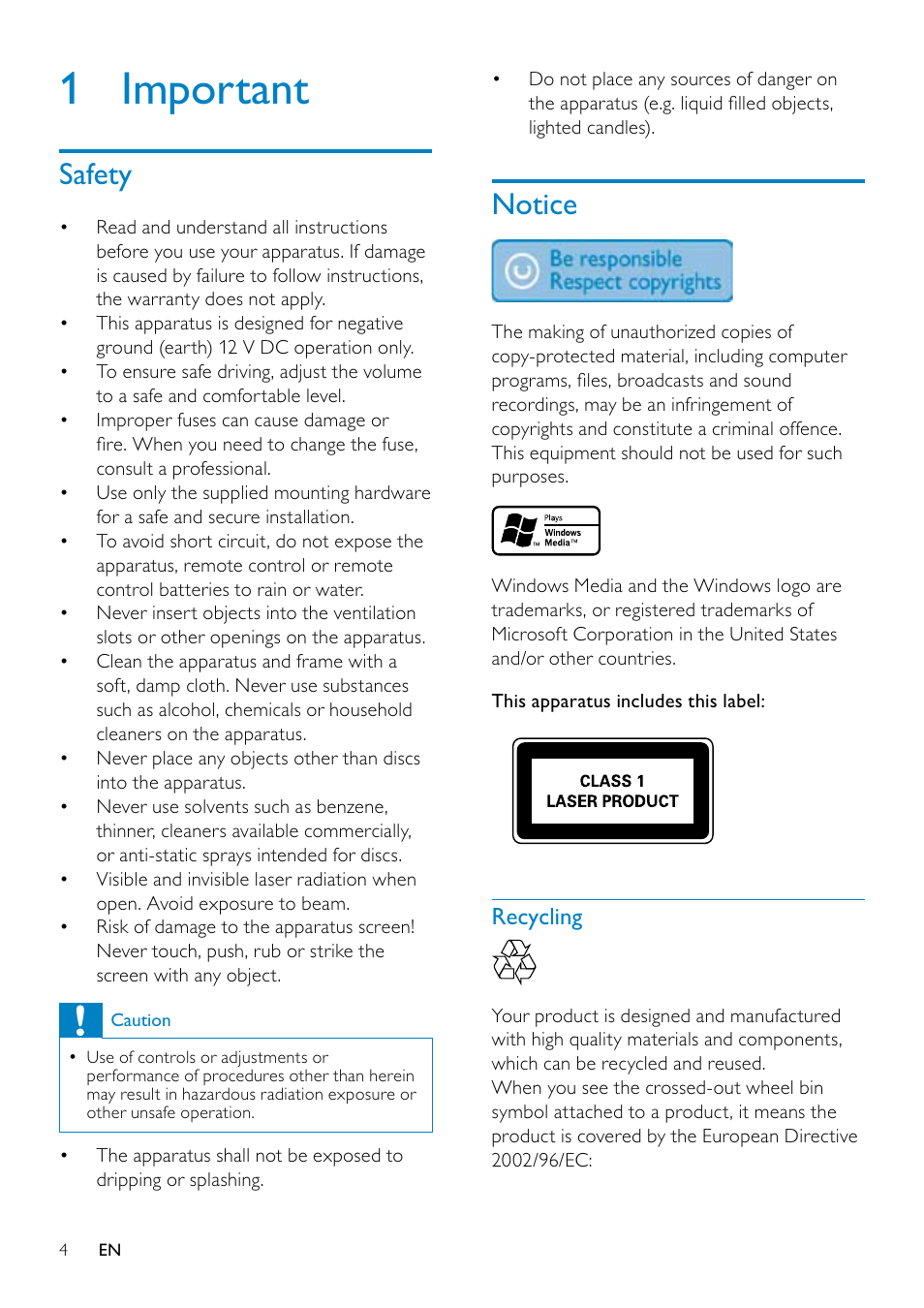 1 important | Philips CE130 User Manual | Page 3 / 21